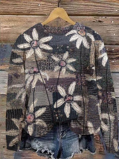Retro Flower Print Knit Pullover Sweater