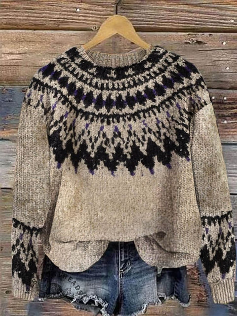 Retro Print Knit Pullover Sweater
