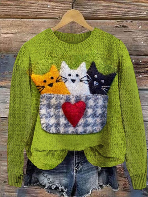 Retro Cat Print Knit Pullover Sweater