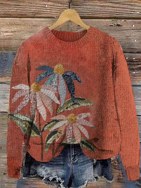 Retro Flower Print Knit Pullover Sweater