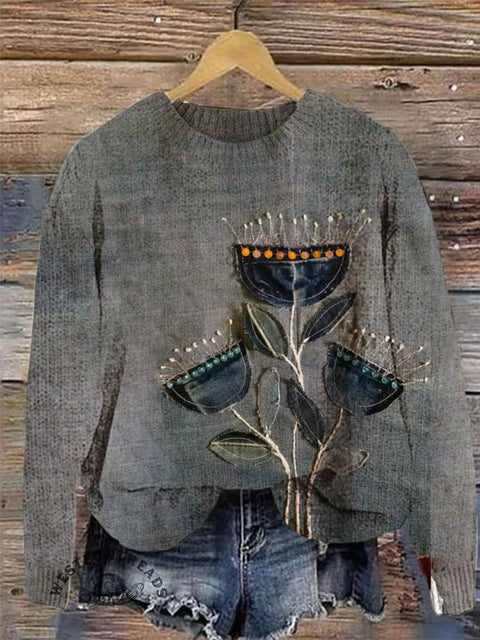 Retro Flower Print Knit Pullover Sweater