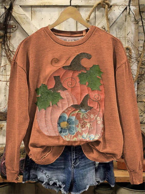 Retro Halloween Pumpkin Print Casual Cotton Sweatshirt