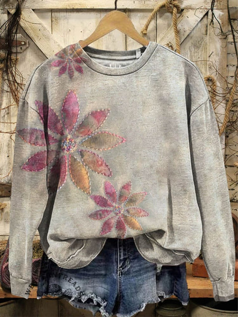 Retro Flower Print Casual Cotton Sweatshirt