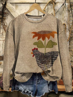Retro Hen Print Casual Cotton Sweatshirt