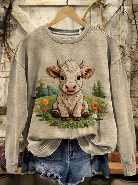Retro Cow Print Casual Cotton Sweatshirt