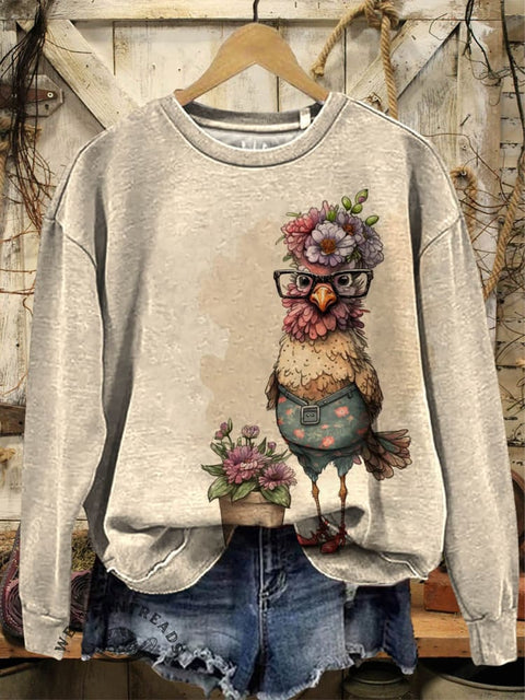 Retro Hen Print Casual Cotton Sweatshirt