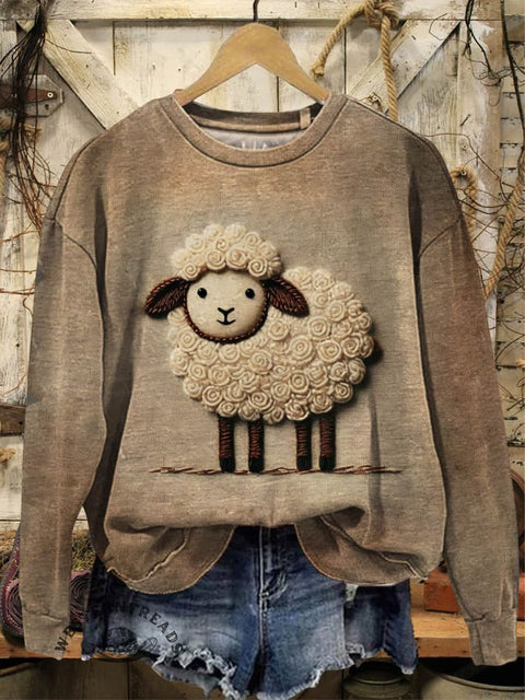 Retro Sheep Print Casual Cotton Sweatshirt