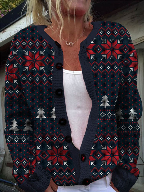 Christmas Print Buttoned Cardigan Sweater