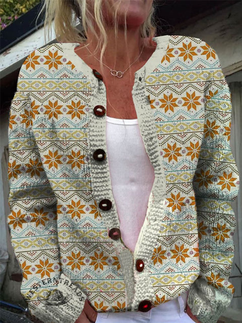 Flower Print Buttoned Cardigan Sweater