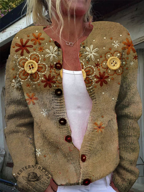 Flower Print Buttoned Cardigan Sweater