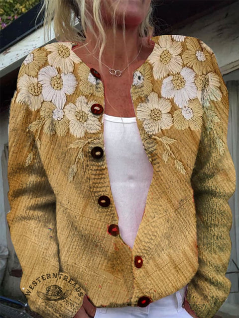 Flower Print Buttoned Cardigan Sweater