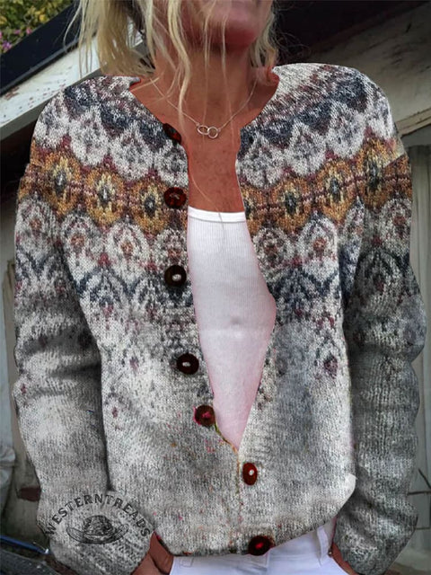 Aztec Print Buttoned Cardigan Sweater