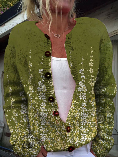 Flower Print Buttoned Cardigan Sweater