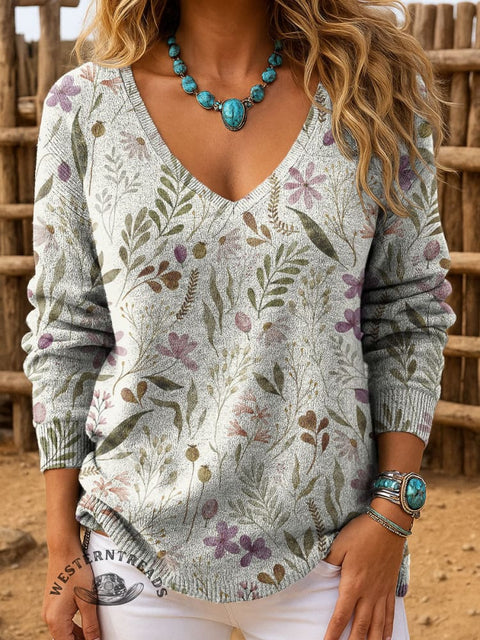 Retro Flower Print Women's Casual Pullover Sweater