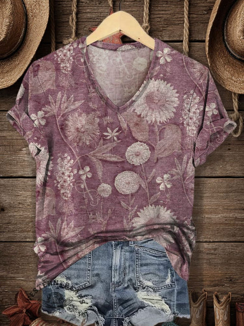 Flower Print Women's V-neck Casual T-Shirt