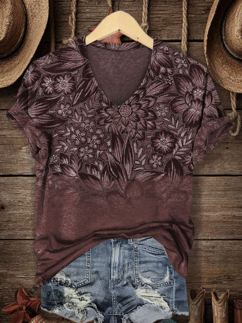 Flower Print Women's V-neck Casual T-Shirt