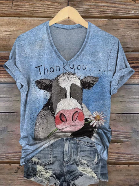 Retro Print Women's V-neck Casual T-Shirt