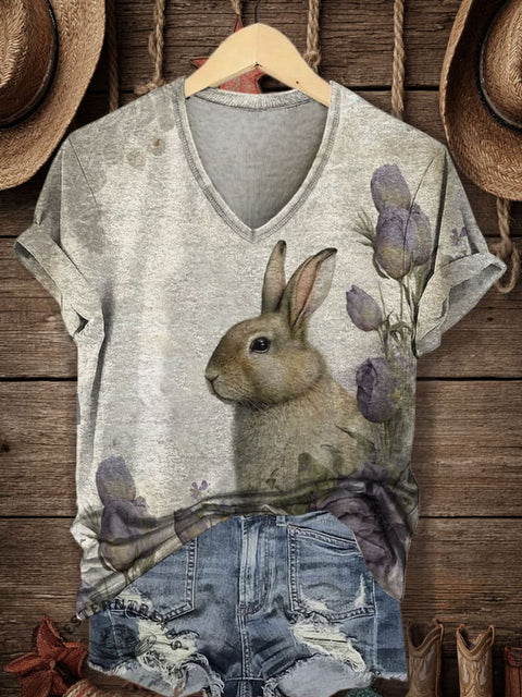 Retro Rabbit Print Women's V-neck Casual T-Shirt