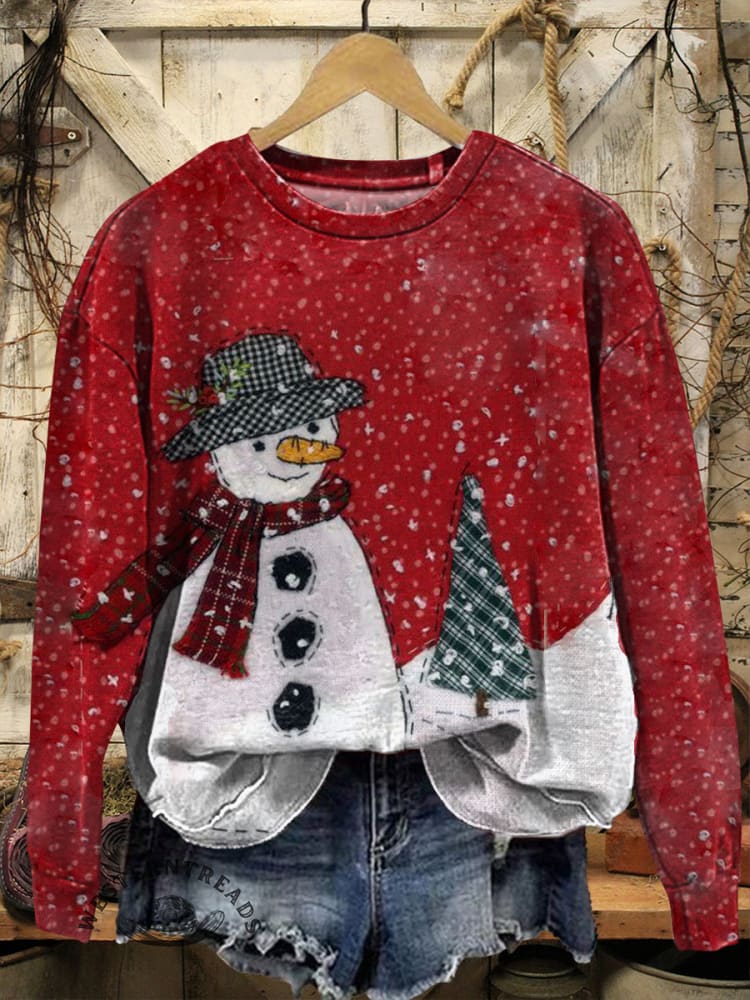 Retro Christmas Snowman Print Casual Cotton Sweatshirt