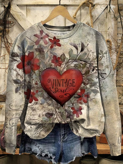 Retro Heart Print Casual Cotton Sweatshirt