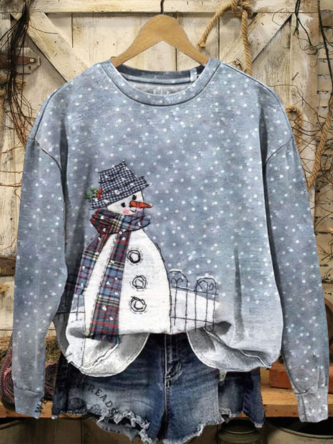 Retro Christmas Snowman Print Casual Cotton Sweatshirt