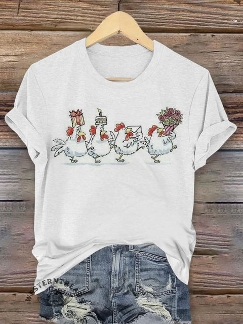 Retro Hen Art Print Casual T-shirt