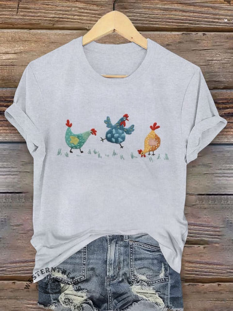 Retro Hen Art Print Casual T-shirt