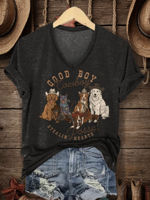 Western Style Print Women's V-neck Casual T-Shirt