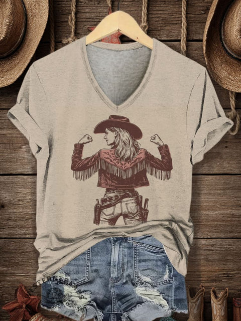Western Style Print Women's V-neck Casual T-Shirt