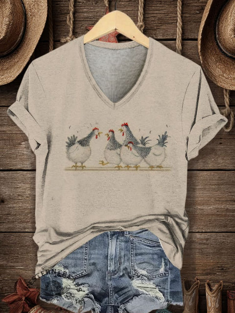 Western Style Print Women's V-neck Casual T-Shirt