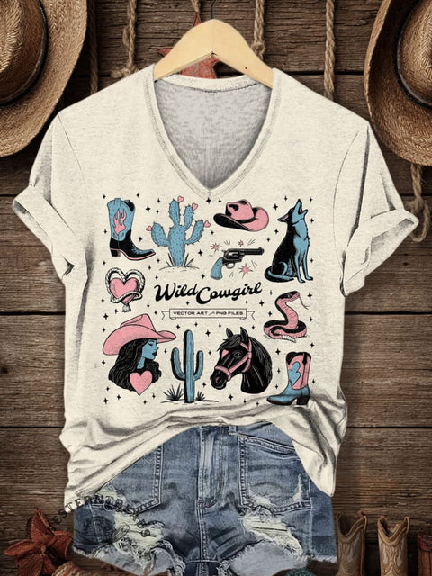 Western Style Print Women's V-neck Casual T-Shirt