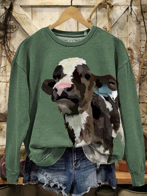Retro Cow Print Casual Cotton Sweatshirt