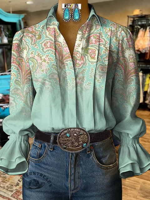 Women's Paisley Flowers Print Casual Cotton And Linen Shirt