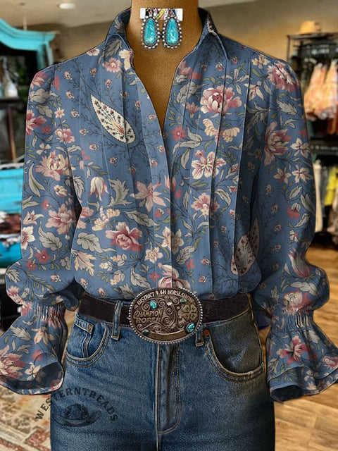 Women's Paisley Flowers Print Casual Cotton And Linen Shirt