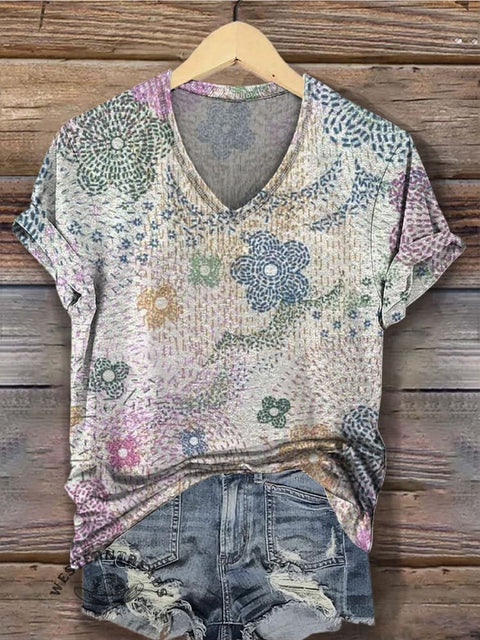 Western Style Print Women's V-neck Casual T-Shirt