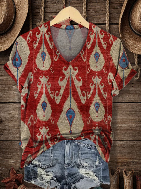 Western Style Print Women's V-neck Casual T-Shirt