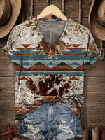 Western Style Print Women's V-neck Casual T-Shirt