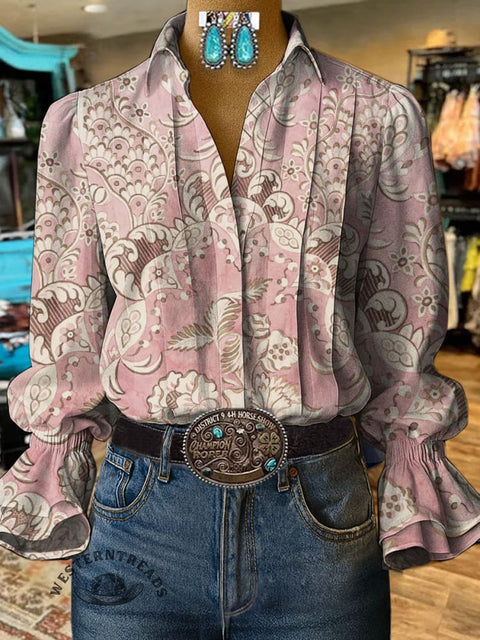 Women's Retro Print Casual Cotton And Linen Shirt