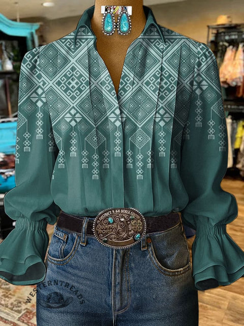 Women's Retro Print Casual Cotton And Linen Shirt