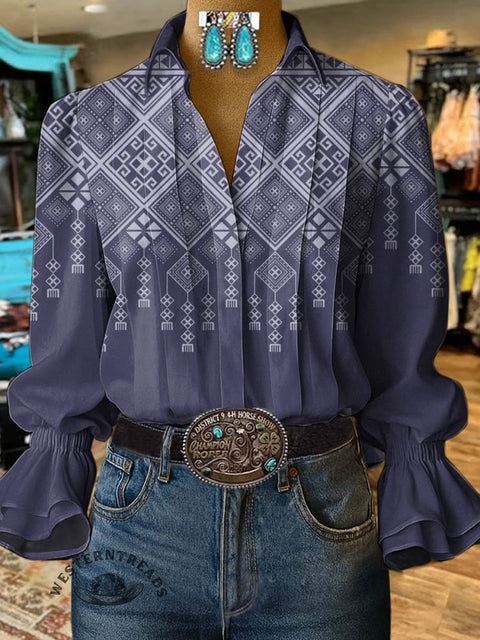 Women's Retro Print Casual Cotton And Linen Shirt