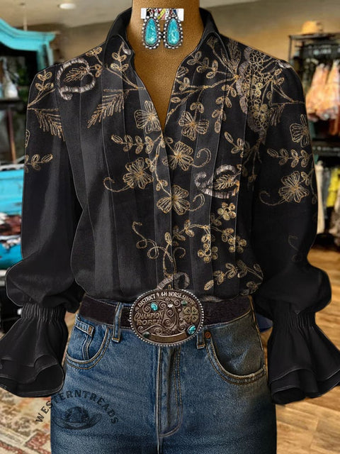 Women's Retro Flower Print Casual Cotton And Linen Shirt