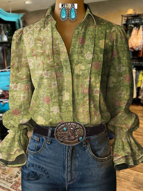 Women's Retro Print Casual Cotton And Linen Shirt