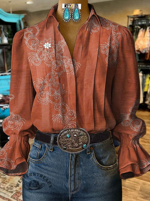 Women's Retro Print Casual Cotton And Linen Shirt