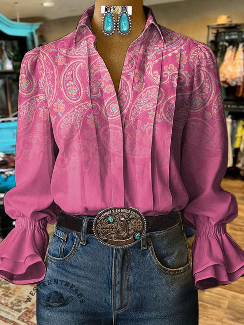 Women's Retro Paisley Print Casual Cotton And Linen Shirt