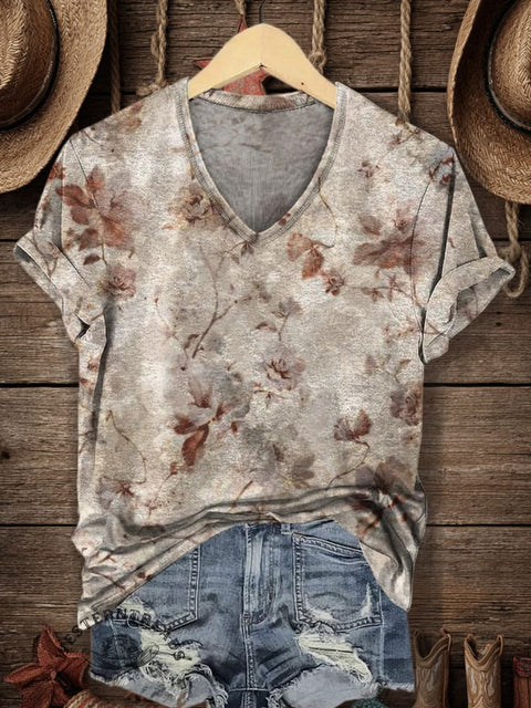 Women's Retro Print V-neck Casual T-Shirt