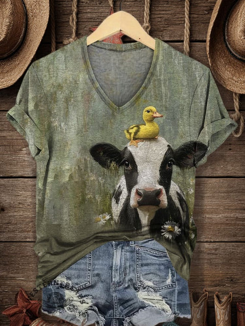 Western Style Print Women's V-neck Casual T-Shirt