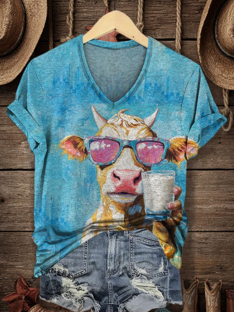 Women's Retro Farm Print V-neck Casual T-Shirt