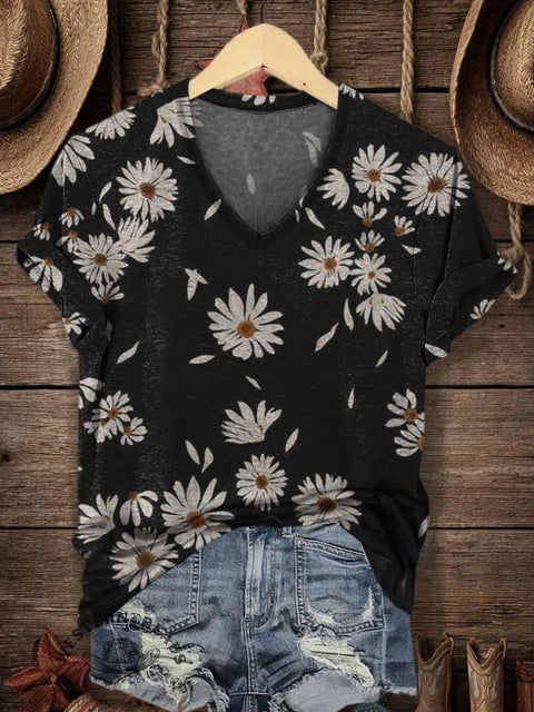 Women's Retro Flower Print V-neck Casual T-Shirt