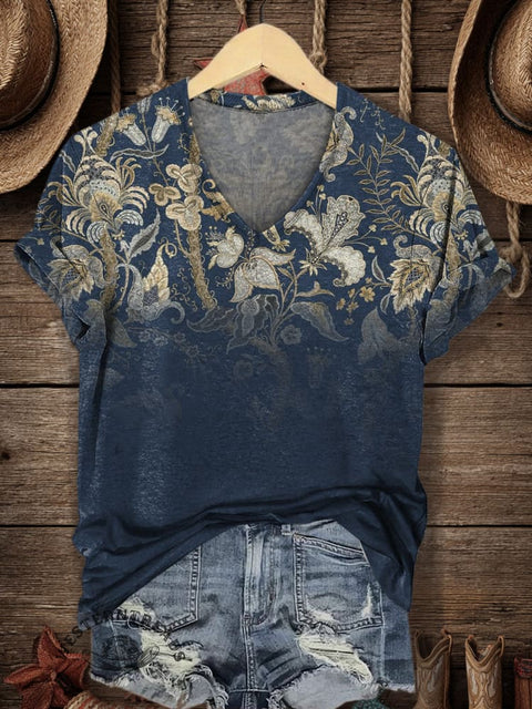 Women's Retro Print V-neck Casual T-Shirt