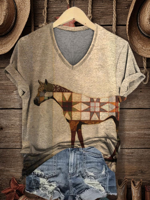 Women's Retro Horse Print V-neck Casual T-Shirt